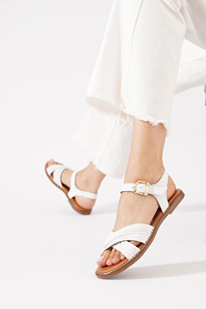 Moda Pie Seles Cross Strap Piping Γυναικεία σανδάλια από γνήσιο δέρμα Λευκό δ...