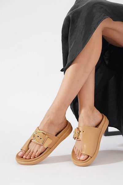 Moda Pie Mapes Flip Flop Buckle Γυναικείες Παντόφλες Παξιμάδι Δέρμα
