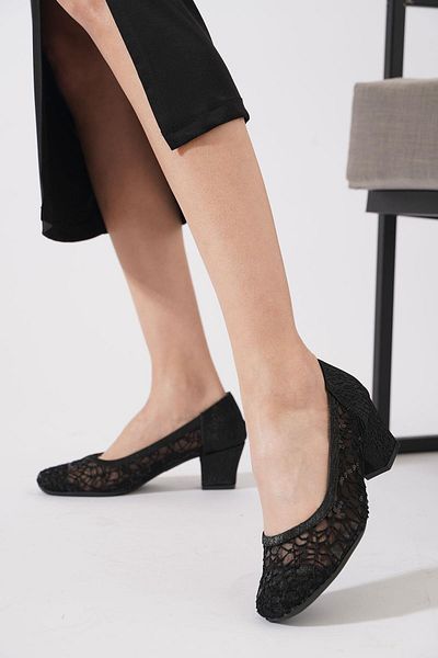 Moda Pie Persev Guipure Embroidered Mesh Women's Heeled Shoes Black Satin