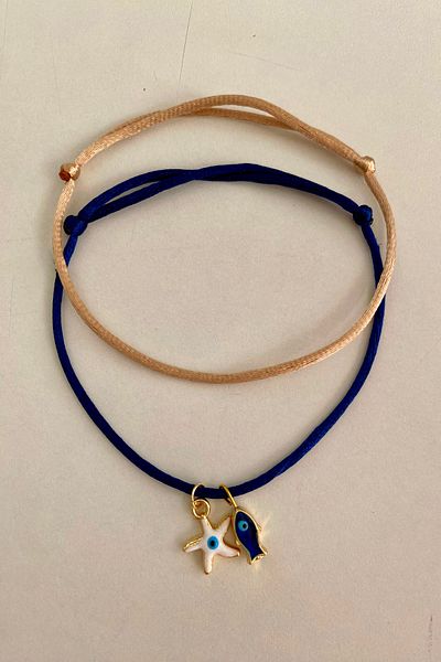Shepidi 2-Piece Anklet Navy Blue Beige, Star and Fish Figure Flocked Rope Lock