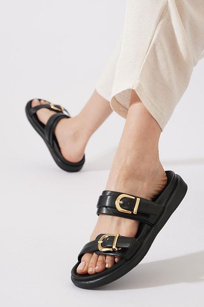 Moda Pie Γυναικείες παντόφλες Renas Double Buckle Μαύρο δέρμα
