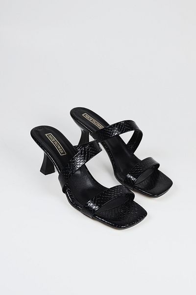 NiceDiffer Women's Black Ankle Strap Metallic Crocodile Heeled Slippers
