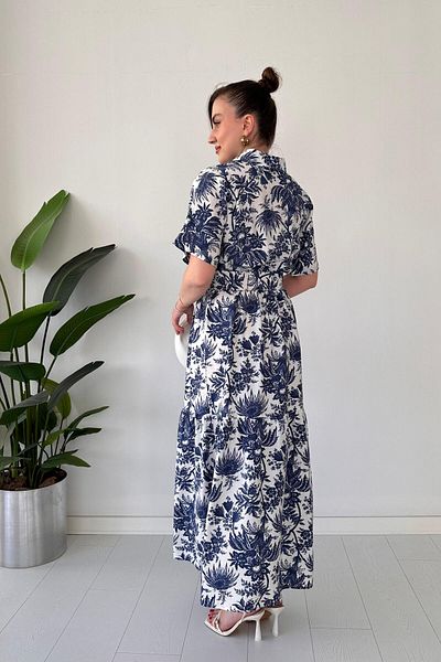 MaziButik Floral Dress with Belt Navy Blue