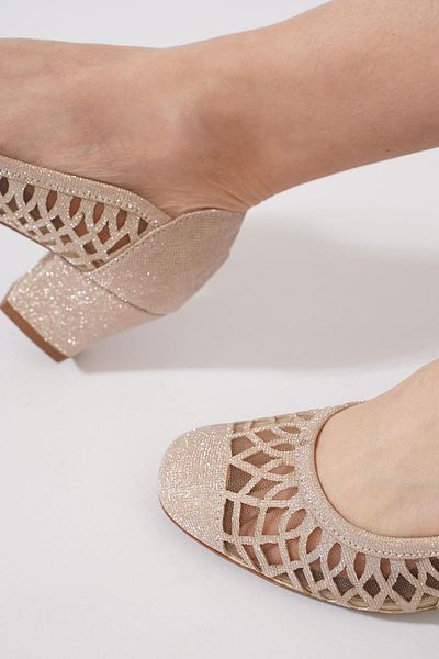 Moda Pie Pantofi cu toc pentru damă Muhriye Laser Glitter Mesh Aur Glitter