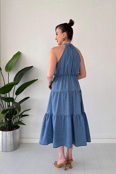 MaziButik Halter Denim Dress Blue