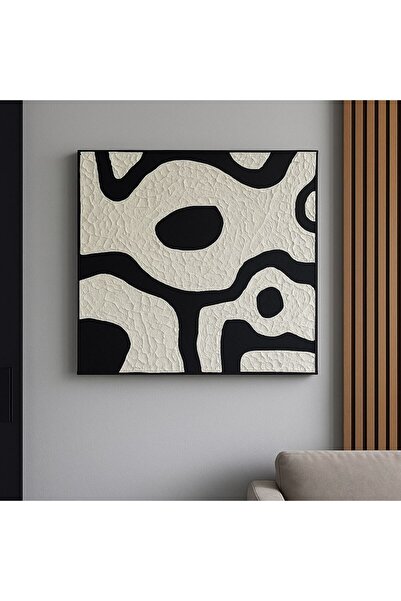 Atölye Sade El Yapımı Dokulu Modern Soyut Alçı & Akrilik Duvar Tablosu - Siyah Beyaz Minimalist Tasarım