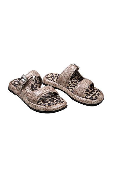 Lady Mia Noya Genuine Leather Buckle Stone Detailed Women's Slippers