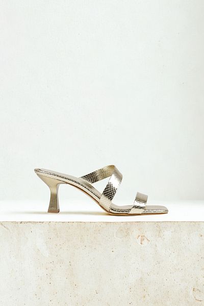 NiceDiffer Women's Gold Ankle Strap Metallic Crocodile Heeled Slippers