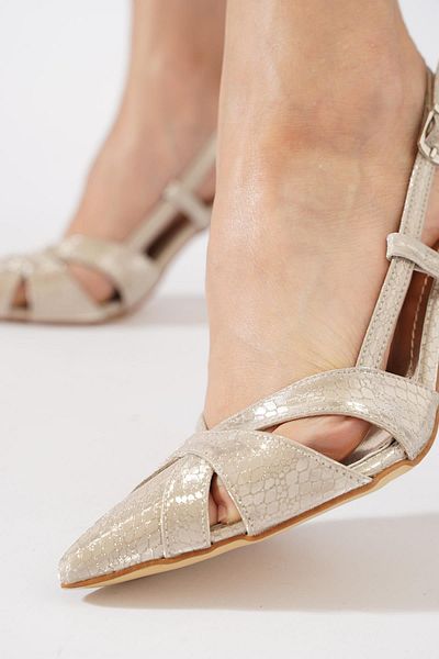 Moda Pie Loverd Women's Evening Dress Shoes with Open Back Window Gold Honeycomb