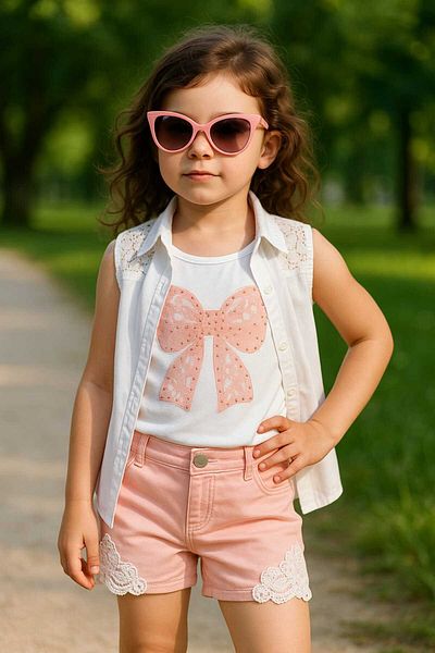 GAMZEAKKUŞ Lace Detailed Shirt, Bow Printed Stone T-Shirt, Lace Detailed Shorts 3-Piece Girl's Set