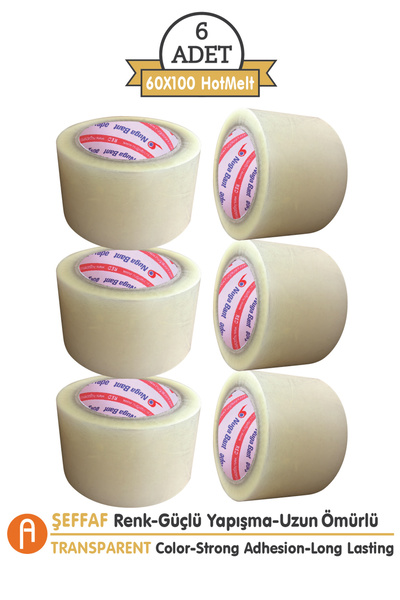 Nuga Bant Geniş Koli Bandı (6ADET) 60mm.x100m,Şeffaf-Güçlü ve Dayanıklı-Hotme...