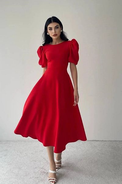OLSAMODA Women's Balloon Sleeve Skirt Flare Midi Dress