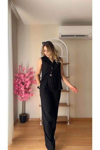 fidoş Women's Summer Wrinkle Fabric Bottom Top Set Elastic Waist Wrinkle-Free Fabric