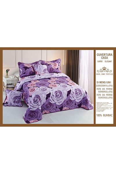 FIONNA.RO 5-Piece Quilted Cotton Duvet Cover - Purple Roses