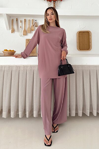 Olcay Sandy Fabric Pleated Tunic Trousers Double Set Pudra 9361-Tk