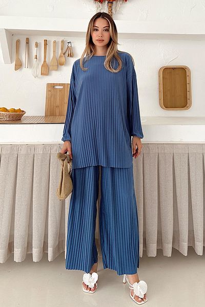 Olcay Pantaloni tunică cu pliuri din țesătură Sandy Set dublu ALBASTRU 9361-TK