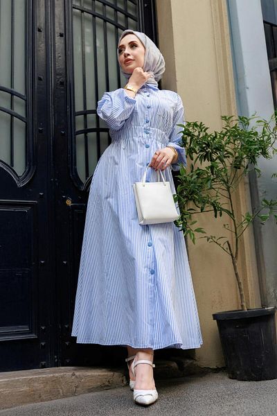 Sevitli Buttoned Striped Dress-Baby Blue
