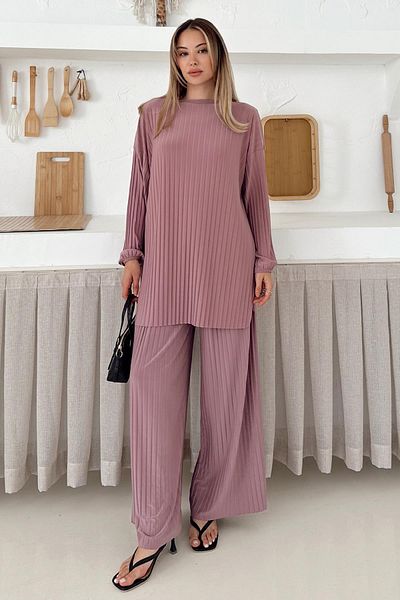 Olcay Pantaloni tunică cu pliuri din țesătură Sandy Set dublu PUDRA 9361-TK
