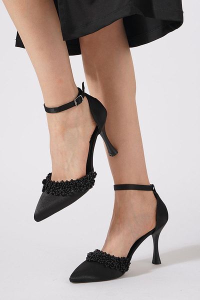 Moda Pie Vanles Pearl Ankle Scarf Women's Evening Dress Shoes Black Satin