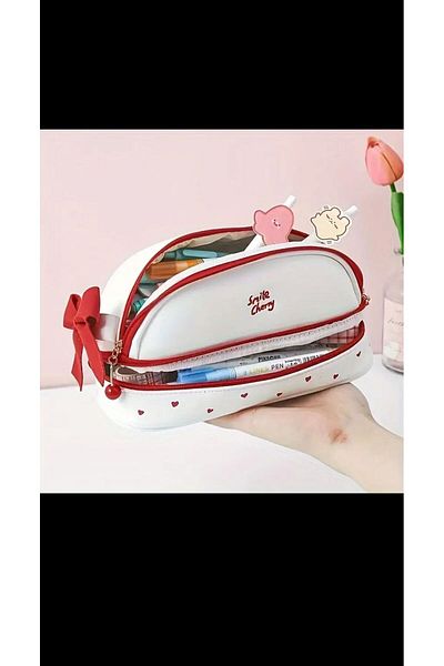 EMKSHOP Heart Printed Faux Leather Wide Pencil Case Multi-Compartment Luxury Pencil Case
