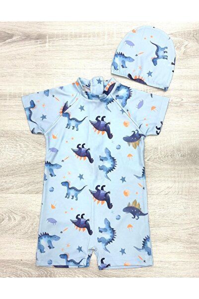 Lolliboomkids Erkek Çocuk Açık Mavi Renk Dinozor Baskı Desen Kısa Kollu Mayo Ve Bone Takım