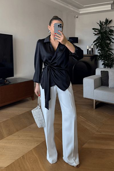 Tuba Butik Double Breasted Tie Satin Blouse