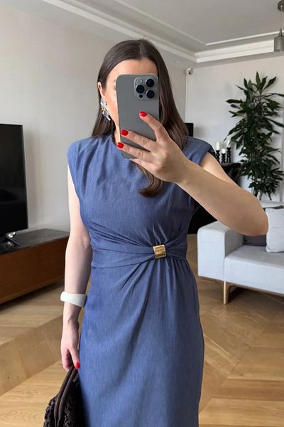 Tuba Butik Drapeli Accessory Detailed Long Dress