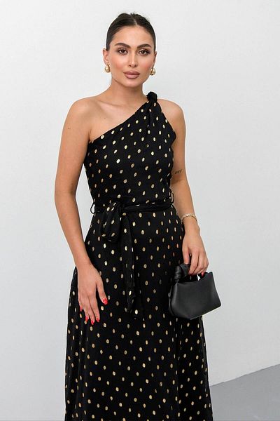 ZISHAN Black Gold Polka Dot One Shoulder Long Evening Dress - Stylish and Elegant Women's Dress 042
