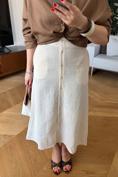 Tuba Butik Linen Blend Buttoned Midi Skirt