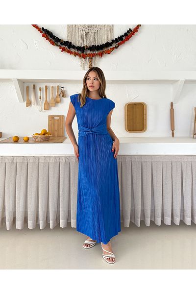 MODAMİNEM Women's Sax Blue Pleated Dress with Lacing Detail