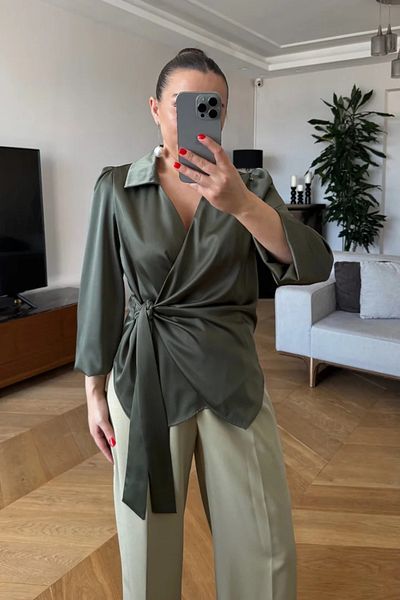 Tuba Butik Double Breasted Tie Satin Blouse