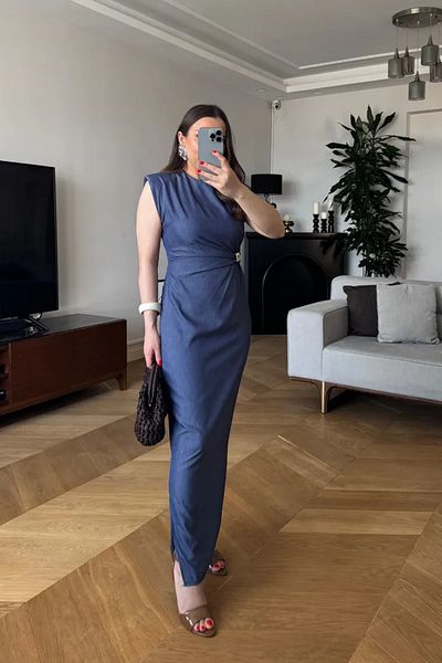 Tuba Butik Drapeli Accessory Detailed Long Dress