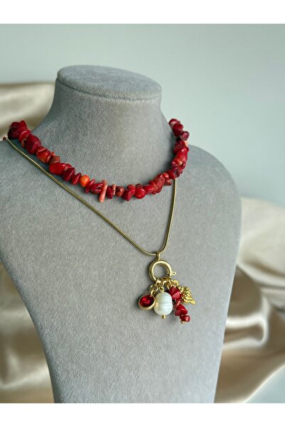 Nour Co Mercan İnci Çelik Doğaltaş Charm Kolye Set