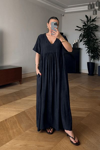 Tuba Butik V-Neck Short Sleeve Long Dress