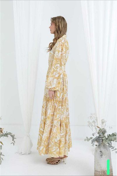 Puane Women's Yellow Colored Patterned Belted Lined Lined Dress 12636