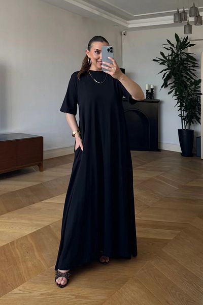 Tuba Butik Crew Neck Short Sleeve Long Dress