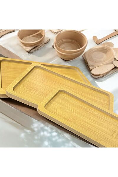 MİR Ahşap 3'lü Bambu Tepsi Dikdörtgen Sunumluk 3 Ayrı Boy Kahve Çay Tepsisi