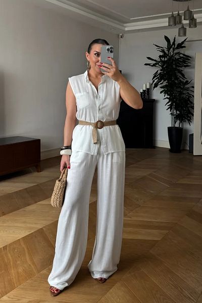 Tuba Butik Judge Collar Blouse Pants Linen Women's Set