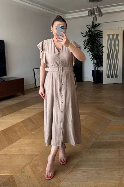 Tuba Butik V Neck Flounce Midi Shirt Dress
