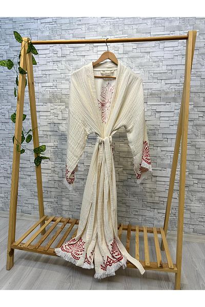 Befera Design Muslin Kimono 100% Cotton Drop Printed Patterned Bathrobe Kaftan Dressing Gown