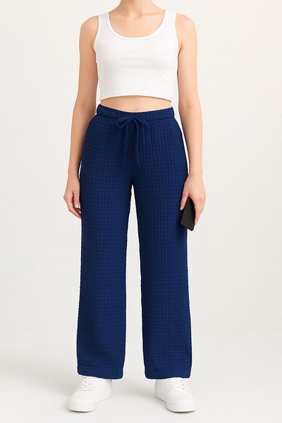 BANEGA Women's Elastic Waist Wrinkle Fabric Cotton Navy Blue Trousers