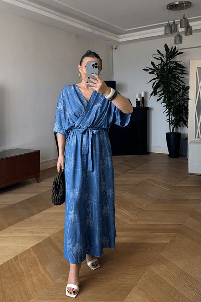 Tuba Butik Double Breasted Collar Patterned Belted Long Dress