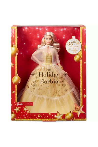 mattel Barbie Signature Holiday Doll, Gold Dress, Blonde Hair