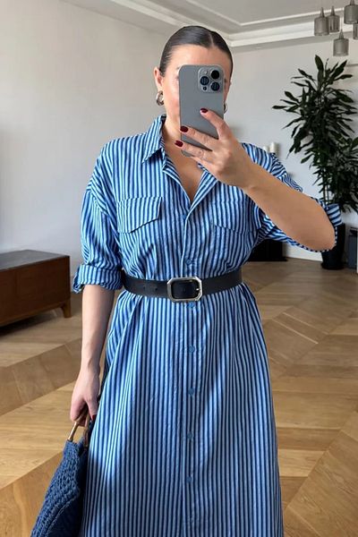Tuba Butik Striped Belted Long Shirt Dress