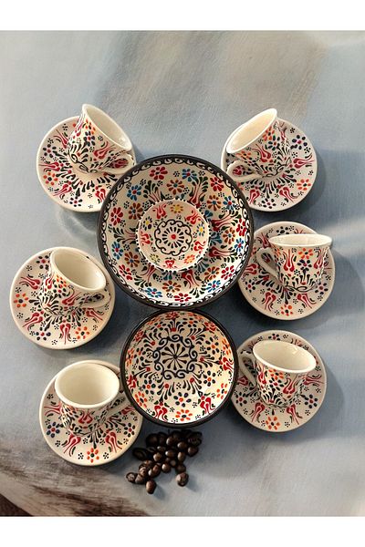 Artistic Quality Decorative 6-Person Stylish Tulip Tile Design Fully Handmade Coffee Cup Set and Snack Bowl-Sauce Bowl