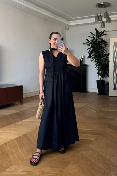 Tuba Butik Contrast Zero Sleeve Long Dress