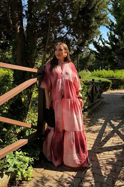 Tuba Butik Judge Collar Balloon Sleeve Patterned Long Dress