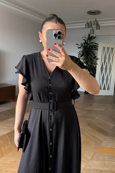 Tuba Butik V Neck Flounce Midi Shirt Dress