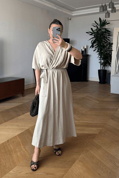 Tuba Butik Double Breasted Collar Belted Long Dress