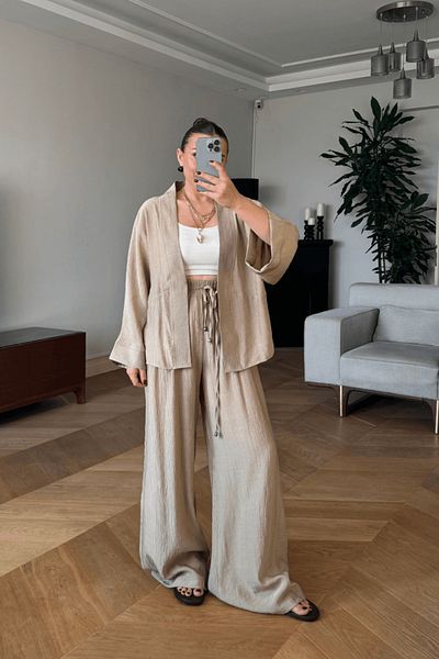 Tuba Butik Tie Detailed Kimono Pants Women's Set